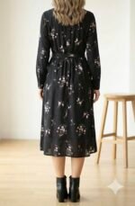 Kadın Uzun Kollu Hakim Yakalı Düğmeli Kuşaklı Desenli Maxi Mikro Süprem Elbise - Görsel 2