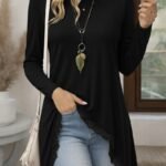 Kadın Uzun Kollu Bisiklet Yaka Asimetrik Kesim Detaylı Dantelli Viskon Bluz