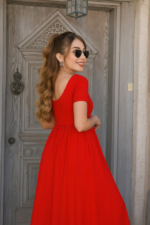 Kadın Kısa Kollu Yuvarlak Yaka önden Yırtmaçlı Cepli Viskon Uzun Elbise - Görsel 2