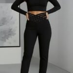 Kadın Yüksek Bel çapraz şerit Detaylı Ithal Krep Pantolon