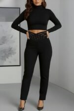 Kadın Yüksek Bel çapraz şerit Detaylı Ithal Krep Pantolon