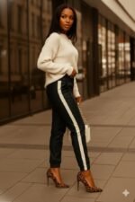 Kadın Yüksek Bel Lastikli Yan şerit Detaylı Deri Pantolon - Görsel 3