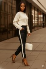 Kadın Yüksek Bel Lastikli Yan şerit Detaylı Deri Pantolon - Görsel 4