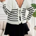 Kadın Beyaz Sırt Bağlama Detaylı çizgi Desen Triko Bluz