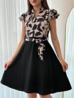 Kadın Kısa Kollu Kolu Fırfır Detay Mini Kuşaklı Kloş Krep Elbise - Görsel 3