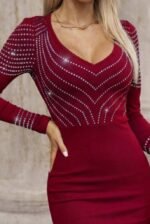 Kadın Uzun Kollu V Yakalı Taşlı Mini Ithal Krep Elbise - Görsel 2