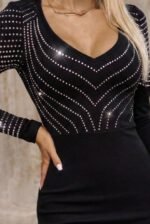 Kadın Uzun Kollu V Yakalı Taşlı Mini Ithal Krep Elbise - Görsel 2