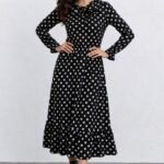 Kadın Uzun Kollu Yakası Bağcıklı Uzun Puantiyeli Krep Maxi Elbise