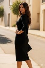 Kadın Fakir Kollu V Yakalı Dantel Detaylı Midi Janjan Krep Elbise - Görsel 4