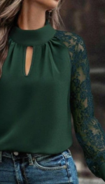 Kadın Uzun Kollu Göğüs Pencere Detay Yaka Boğazlı Kolları Tüllü Sandy Bluz - Görsel 2