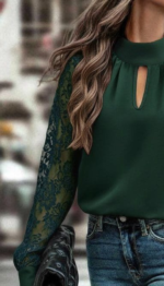 Kadın Uzun Kollu Göğüs Pencere Detay Yaka Boğazlı Kolları Tüllü Sandy Bluz - Görsel 3