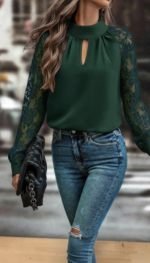 Kadın Uzun Kollu Göğüs Pencere Detay Yaka Boğazlı Kolları Tüllü Sandy Bluz - Görsel 4