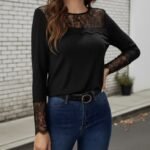 Kadın Uzun Kollu Bisiklet Yaka Dantel Detaylı Burgu Bluz