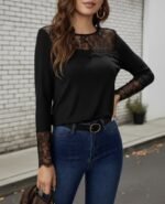 Kadın Uzun Kollu Bisiklet Yaka Dantel Detaylı Burgu Bluz
