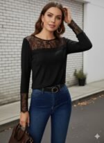 Kadın Uzun Kollu Bisiklet Yaka Dantel Detaylı Burgu Bluz - Görsel 2