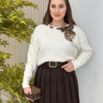 Kadın Leopar Desen Flar Detay Bisiklet Yaka Triko Kazak