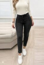 Kadın Yüksek Bel Belden Kuşaklı Yırtık Detaylı Kot Pantolon - Görsel 3