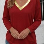 Kadın Uzun Kollu V Parlak Yaka Detaylı Viskon Bluz