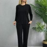 Kadın Uzun Kol Bisiklet Yaka Bürümcük Bluz Ve Pantolon Ikili Takım