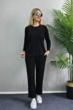 Kadın Uzun Kol Bisiklet Yaka Bürümcük Bluz Ve Pantolon Ikili Takım