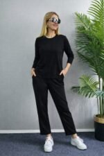 Kadın Uzun Kol Bisiklet Yaka Bürümcük Bluz Ve Pantolon Ikili Takım - Görsel 2