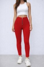 Kadın Yüksek Belli önden Fermuar Ve Nervur Detaylı Dalgıç Tayt