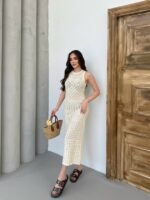 Kadın Kolsuz Kuş Gözü Teday Full Transparan Maxi Boy Elbise - Görsel 3