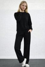 Kadın Uzun Kollu Bisiklet Yaka Viskon Iki Iplik Bluz Ve Pantolon Ikili Takım - Görsel 2