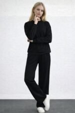 Kadın Uzun Kollu Bisiklet Yaka Viskon Iki Iplik Bluz Ve Pantolon Ikili Takım - Görsel 3