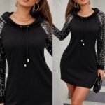 Kadın Uzun Kollu Pulpayetli Bağcıklı Cep Detaylı Mini Viskon Iki Iplik Elbise - Görsel 3