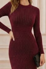 Kadın Uzun Kollu Bisiklet Yaka Taşlı Midi Kadife Elbise - Görsel 2