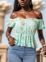 Kadın Kısa Kollu Madonna Yaka çiçek Desenli Düğme Detay Gipeli Süprem Kumaş Bluz - Görsel 6