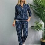 Kadın Uzun Kollu önden Fermuarlı Desenli Iki Iplik Bluz Ve Pantolon Ikili Takım