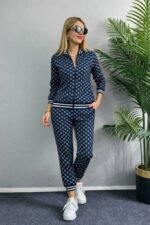 Kadın Uzun Kollu önden Fermuarlı Desenli Iki Iplik Bluz Ve Pantolon Ikili Takım