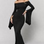 Kadın Madonna Yaka Uzun Yırtmaç Kol Detaylı Uzun Ithal Krep Elbise