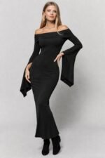 Kadın Madonna Yaka Uzun Yırtmaç Kol Detaylı Uzun Ithal Krep Elbise