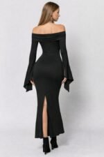 Kadın Madonna Yaka Uzun Yırtmaç Kol Detaylı Uzun Ithal Krep Elbise - Görsel 3