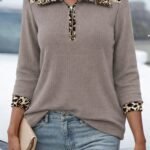 Kadın Uzun Kollu Leopar Yakalı Fermuarlı Waffle Bluz