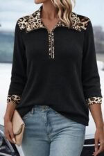 Kadın Uzun Kollu Leopar Yakalı Fermuarlı Waffle Bluz