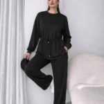 Kadın Uzun Kollu Bisiklet Yaka Belden Büzgülü Bağcıklı Viskon Iki Iplik Bluz Ve Pantolon Ikili Takım