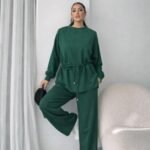 Kadın Uzun Kollu Bisiklet Yaka Belden Büzgülü Bağcıklı Viskon Iki Iplik Bluz Ve Pantolon Ikili Takım