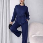 Kadın Uzun Kollu Bisiklet Yaka Belden Büzgülü Bağcıklı Viskon Iki Iplik Bluz Ve Pantolon Ikili Takım