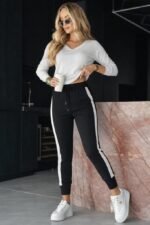 Kadın Yüksek Bel Kuş Gözü Detaylı Bağcıklı Yan şeritli Viskon Iki Iplik Eşofman Altı