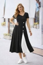 Kadın Kısa Kollu Asimetrik Yakalı Düğme Detaylı Midi Viskon Elbise - Görsel 2