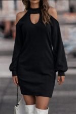 Kadın Uzun Kollu Omuzları Açık Boyundan şerit Detay Kaşkorse Elbise