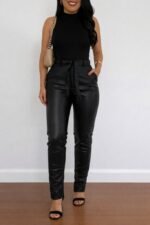 Kadın Yüksek Bel Kuşaklı Deri Pantolon - Görsel 2