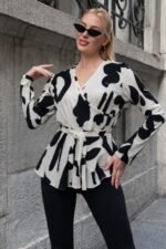 Kadın Uzun Kollu Kruvaze Yakalı Yandan Bağlamalı Kısa Beli Kuşaklı Modal Bluz - Görsel 3