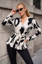 Kadın Uzun Kollu Kruvaze Yakalı Yandan Bağlamalı Kısa Beli Kuşaklı Modal Bluz - Görsel 2