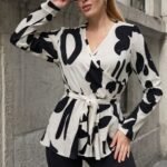 Kadın Uzun Kollu Kruvaze Yakalı Yandan Bağlamalı Kısa Beli Kuşaklı Modal Bluz