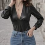 Kadın Uzun Kollu Derin V Yakalı Deri Zıbın